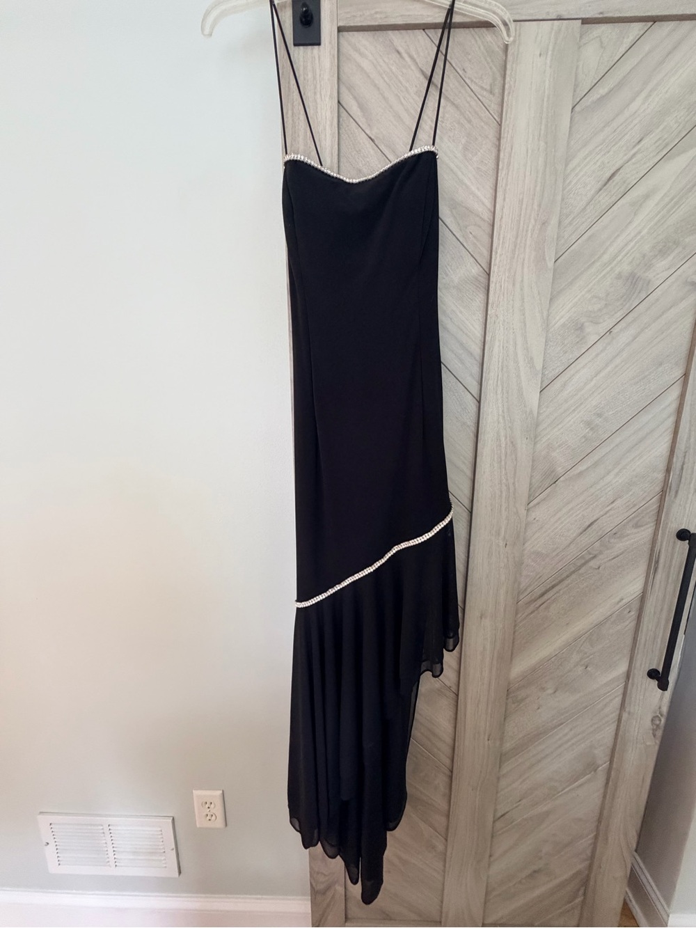 Dave & Johnny Black Asymmetrical maxi Slip Dress with Rhinestone Trim 7/8